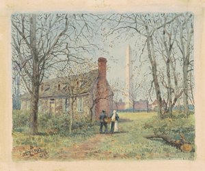 David Burnss Cottage و Washington Monument، Washington DC، 1892 (ألوان مائية وجرافيت على ورق منسوج)